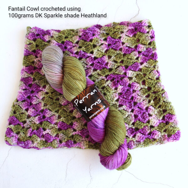 Fantail Cowl crocheted using DK Sparkle yarn hand-dyed in shade Heathland